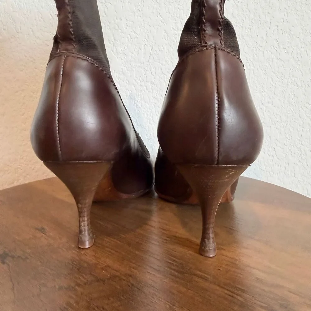 Yves Saint Laurent Brown Leather Pull-On Heeled Sock Bootie Women's Size 39 US 9